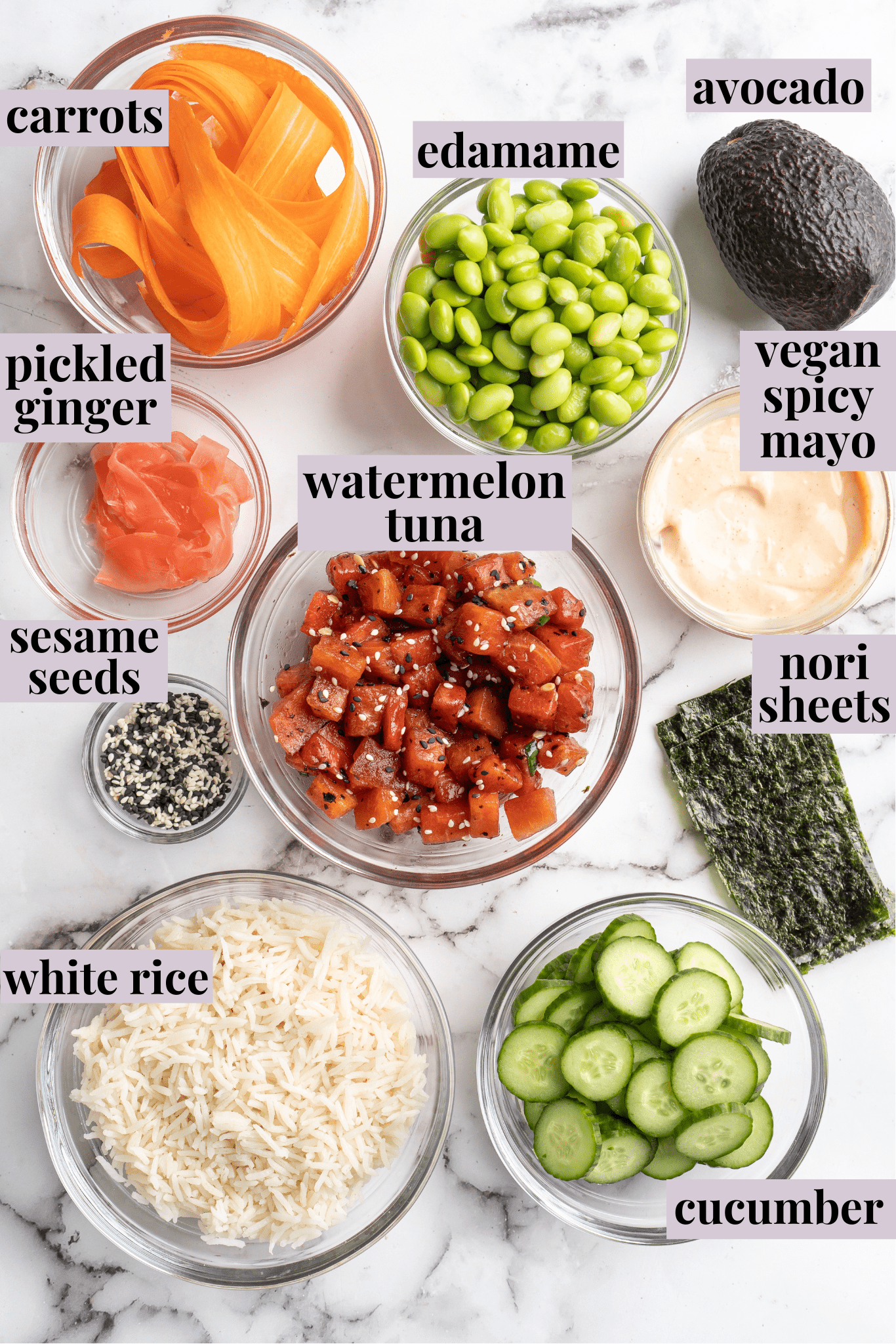 Overhead view of ingredients for vegan poke bowls with labels