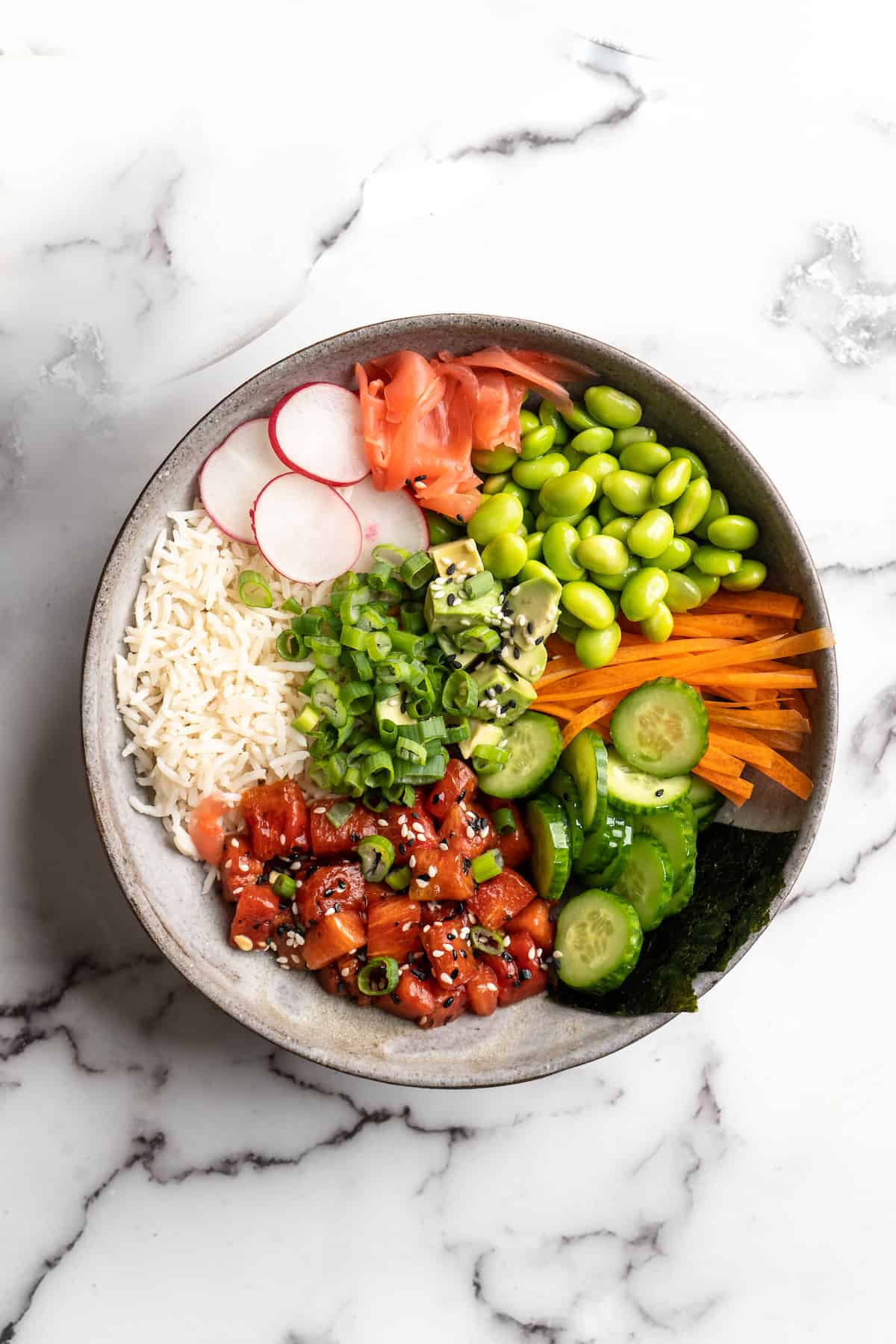 Vegan poke bowl with watermelon tuna