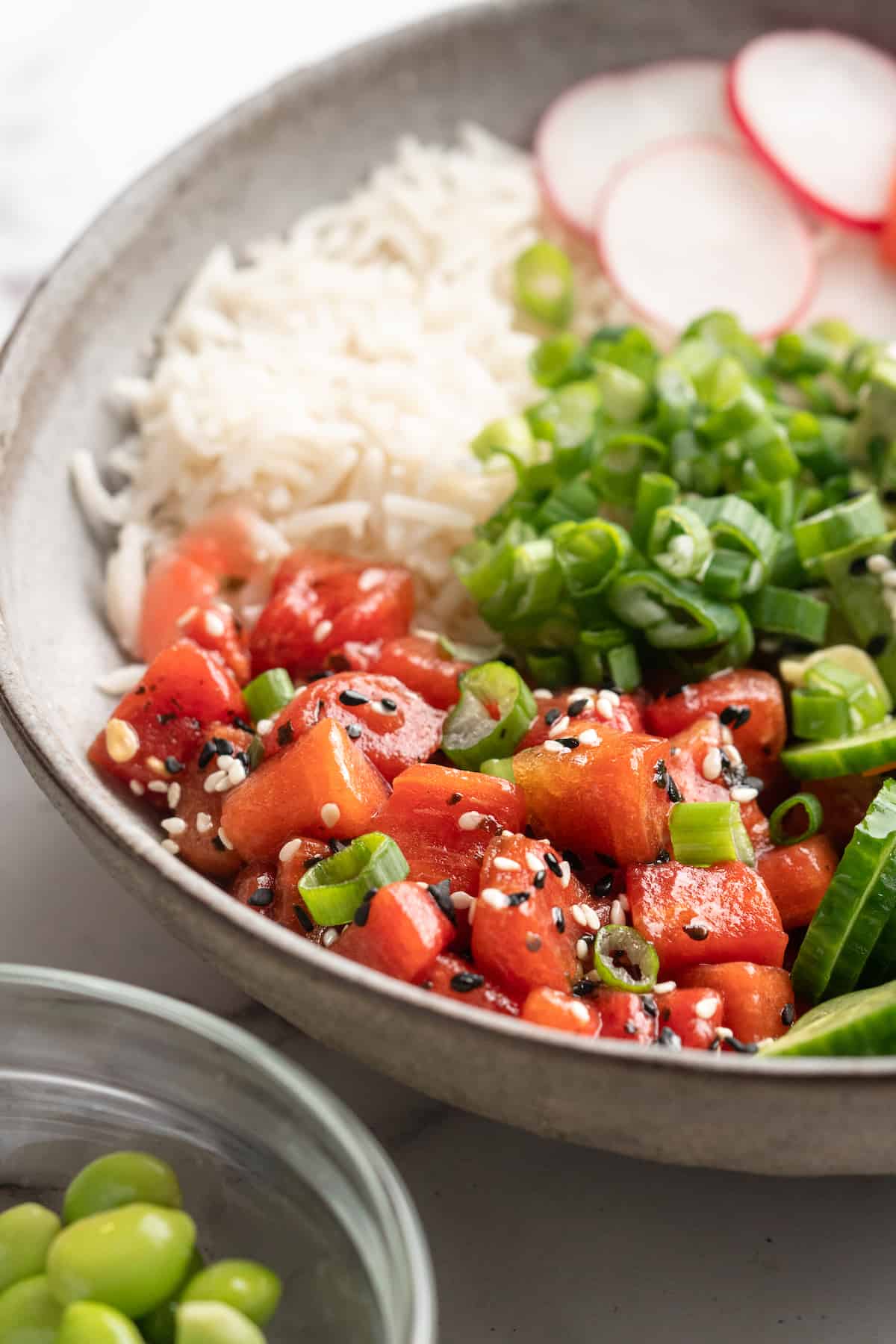 Watermelon tuna in vegan poke bowl