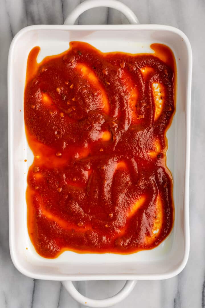 Overhead view of sauce in baking dish