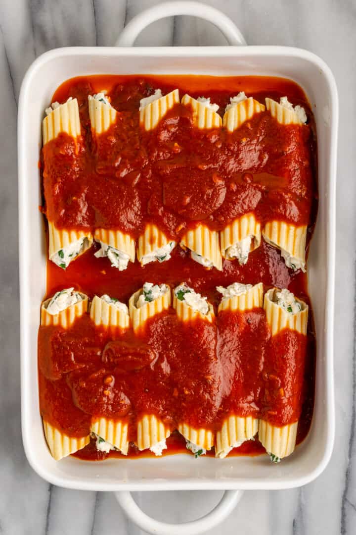 Overhead view of vegan manicotti before adding cheese to top