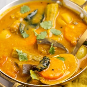 Spoonful of vegan sambar set in serving bowl