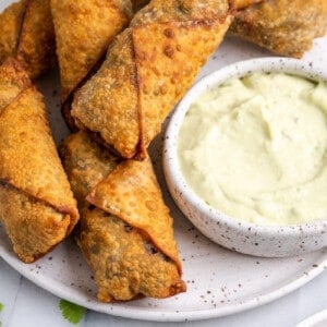 Vegan southwest egg rolls on plate with bowl of avocado dipping sauce