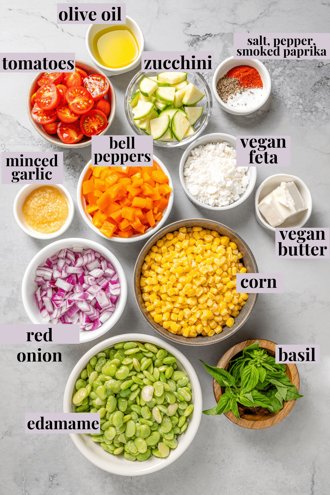 Overhead view of ingredients for vegan corn succotash with labels