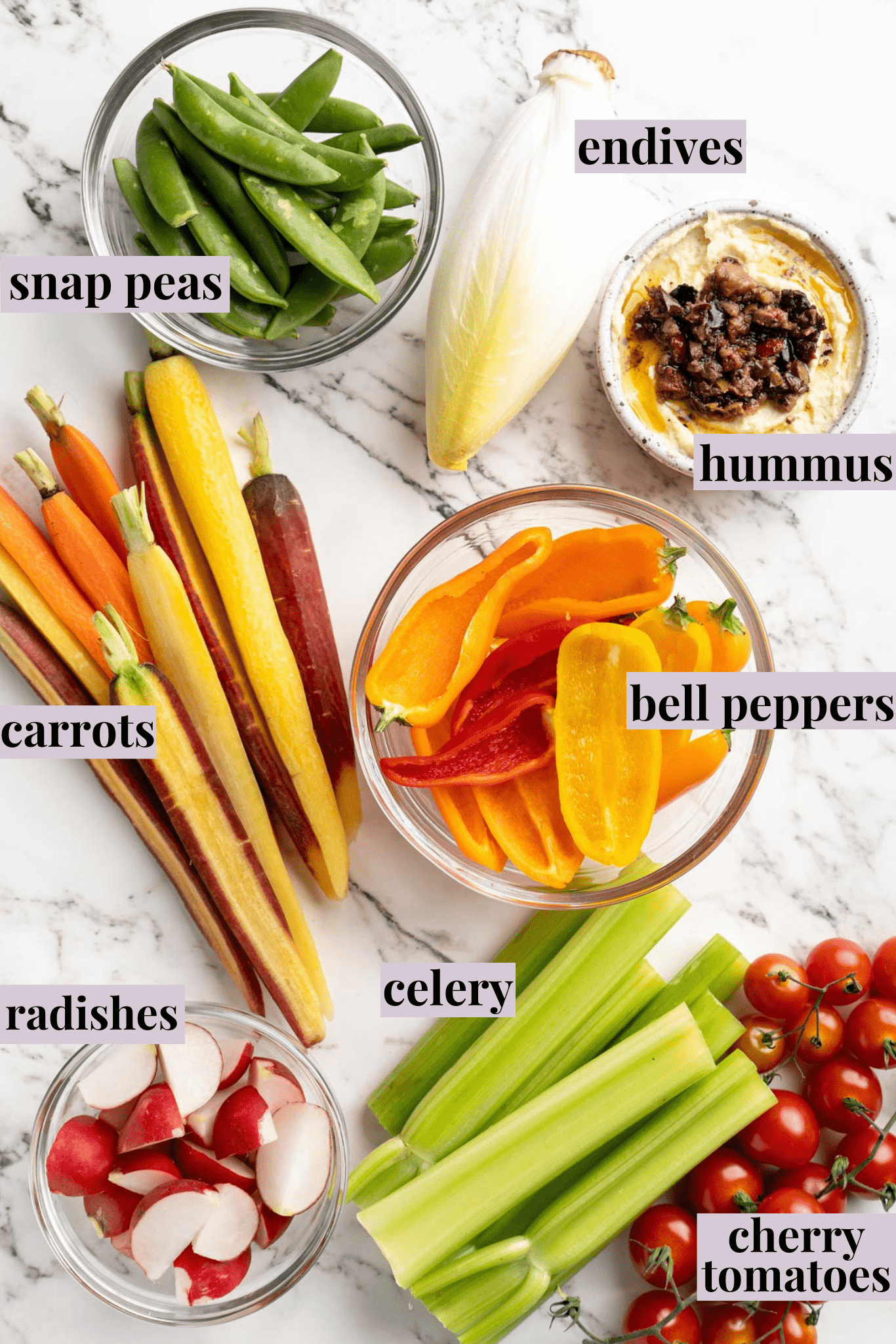 Overhead view of ingredients for crudité platter