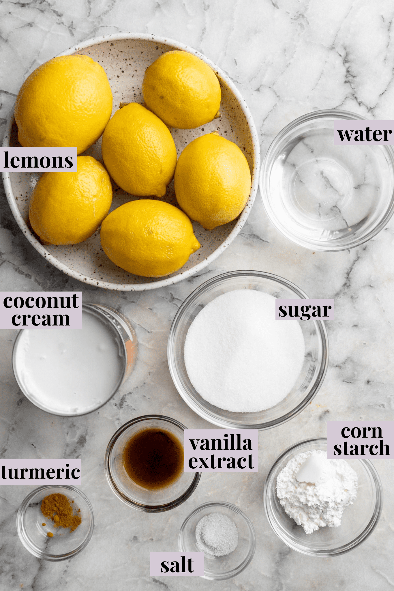 Overhead view of ingredients for vegan lemon curd