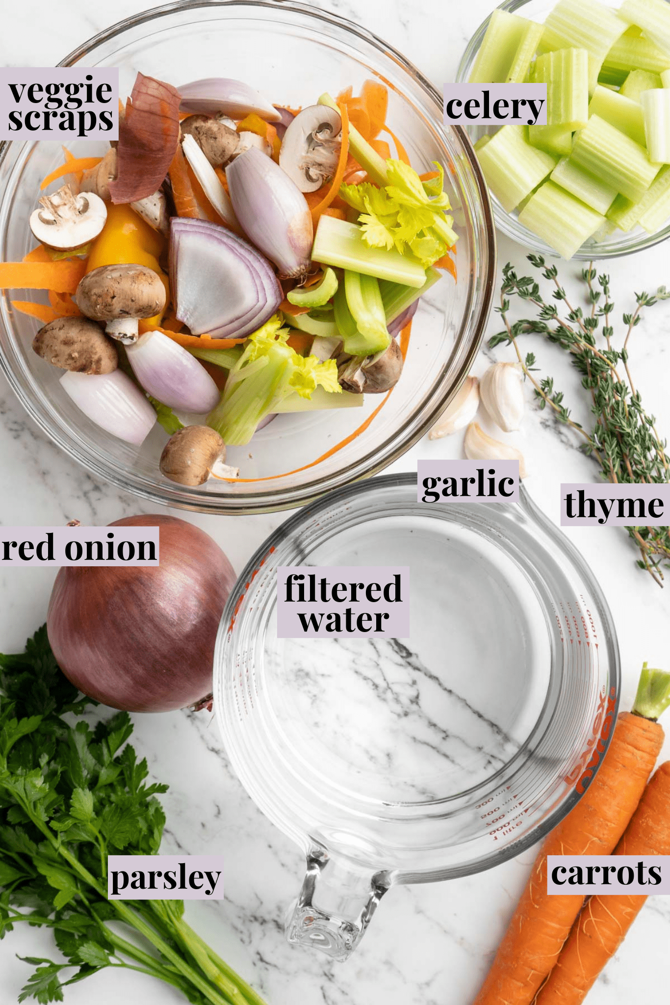 Overhead view of ingredients for vegetable broth with labels