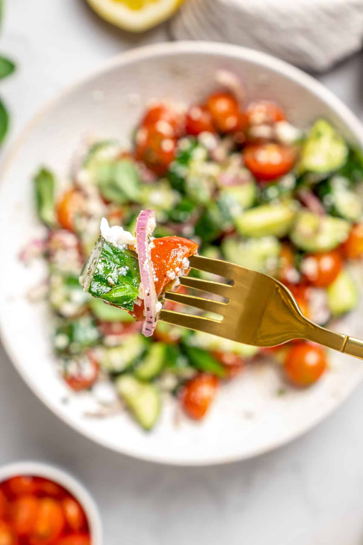 Cucumber and tomato salad on fork, held above bowl of salad
