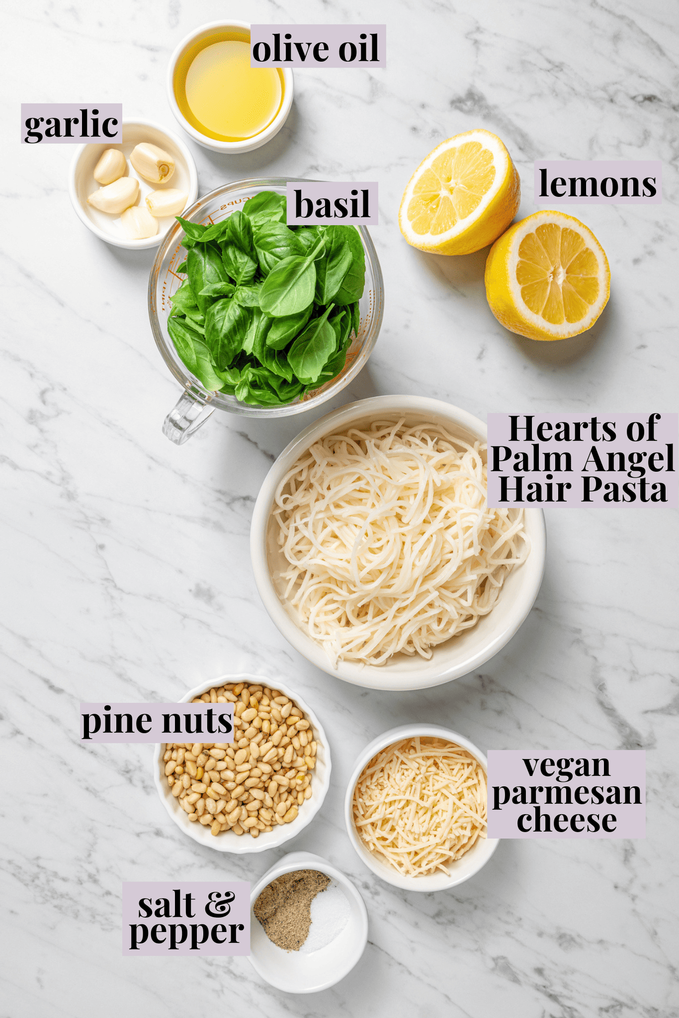 Overhead view of ingredients for hearts of palm pesto pasta