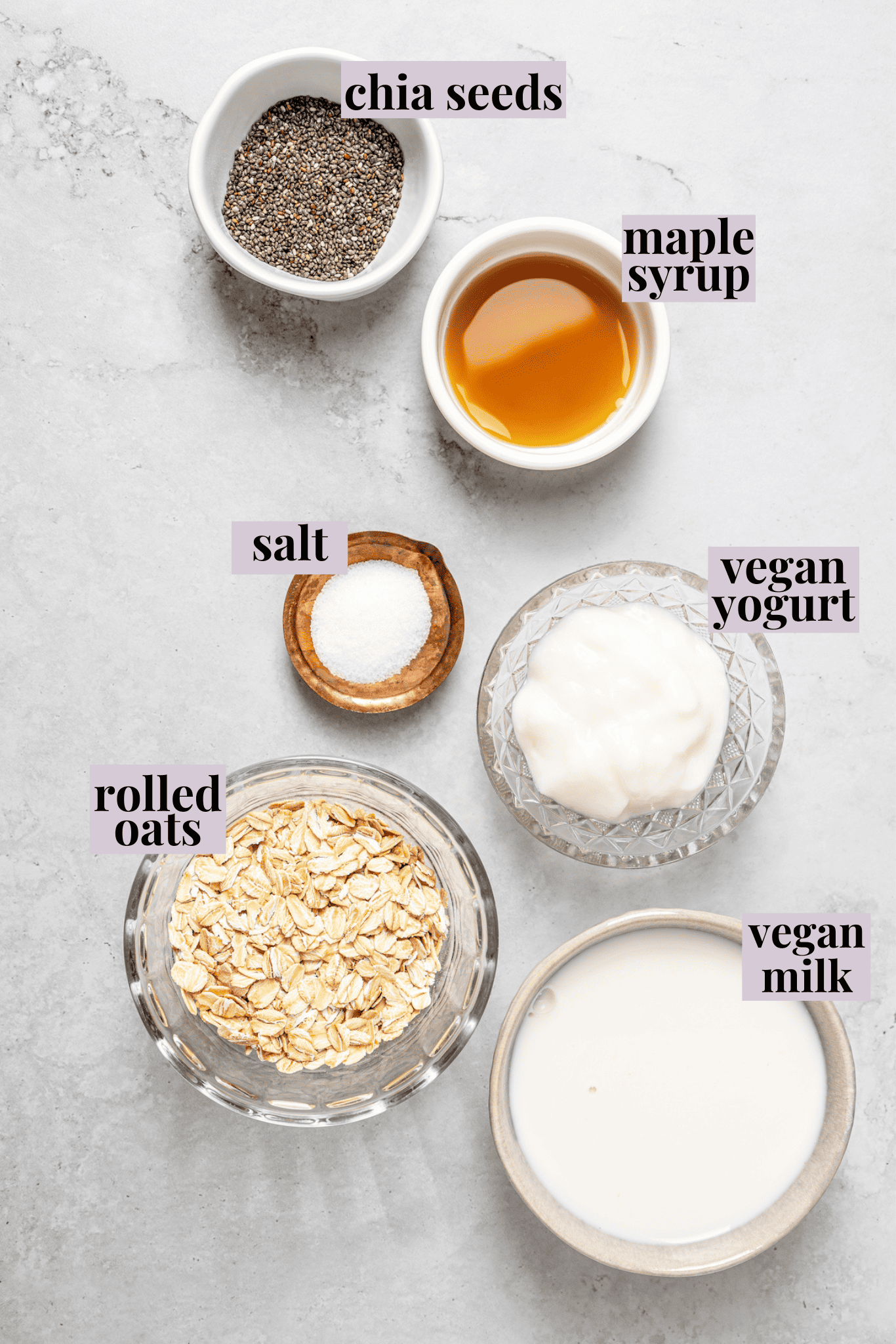Overhead view of ingredients for vegan high-protein overnight oats