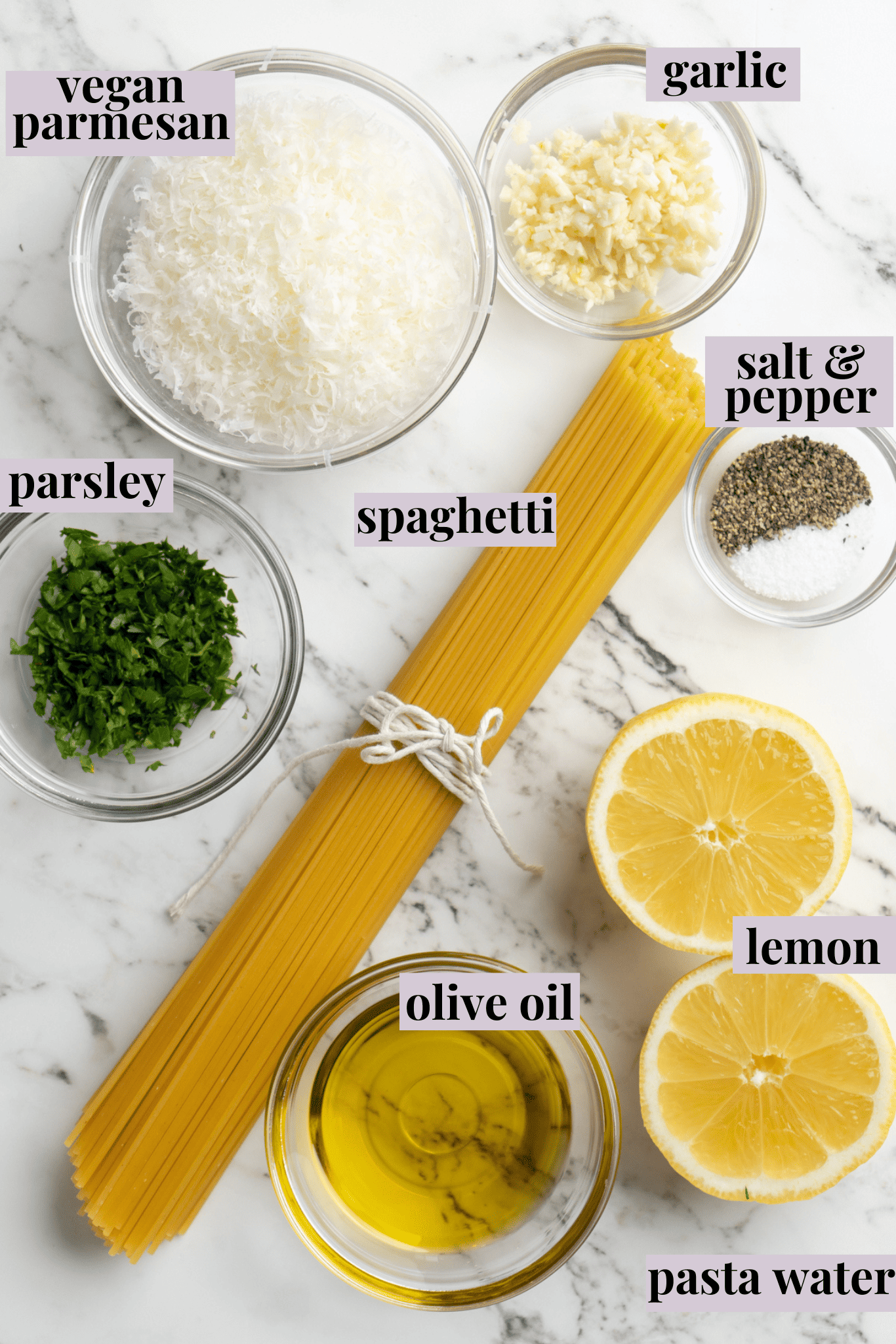Overhead view of ingredients for lemon pasta with labels