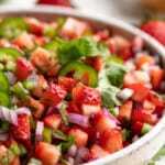 Closeup of strawberry jalapeño salsa in bowl