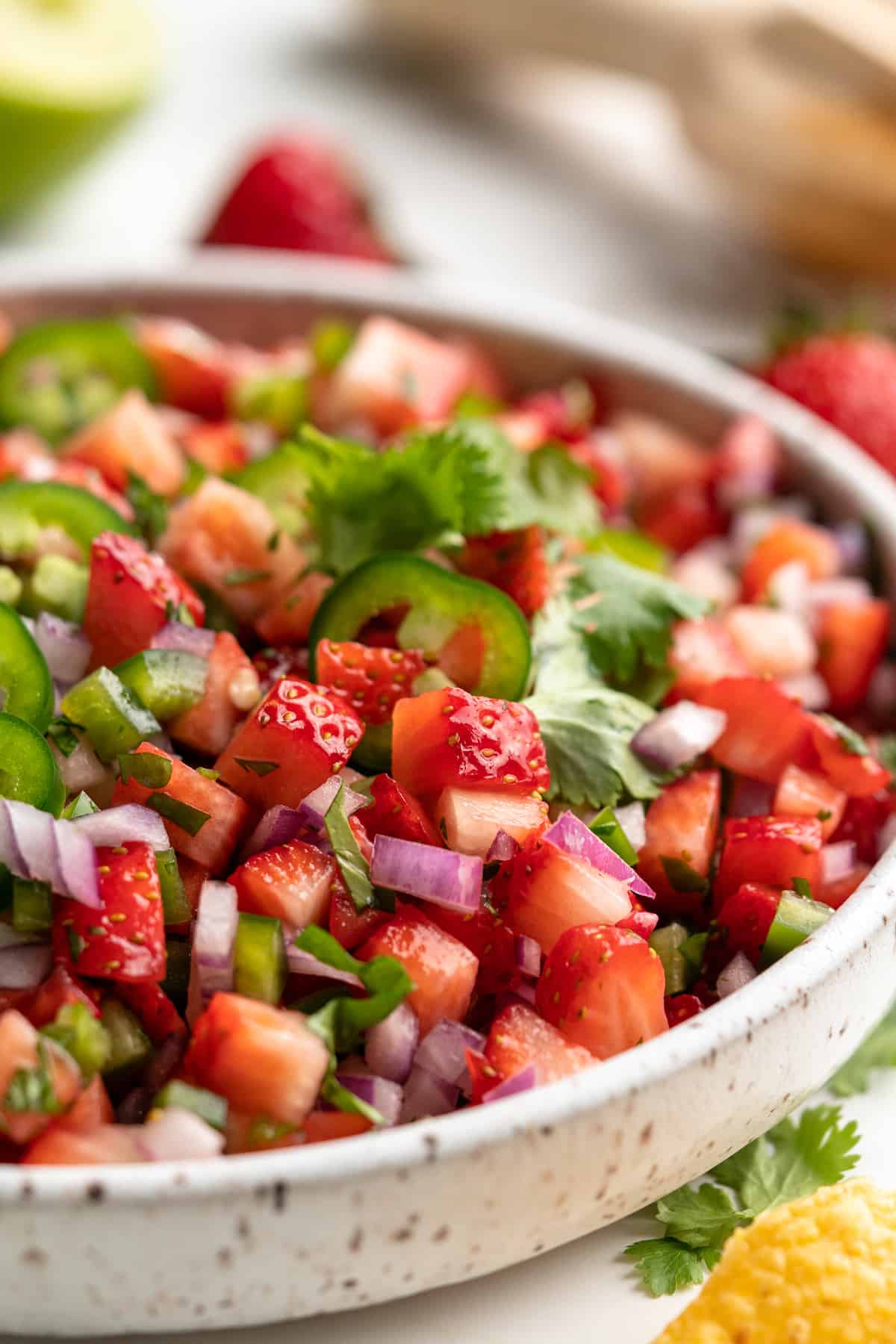 Closeup of strawberry salsa in bowl