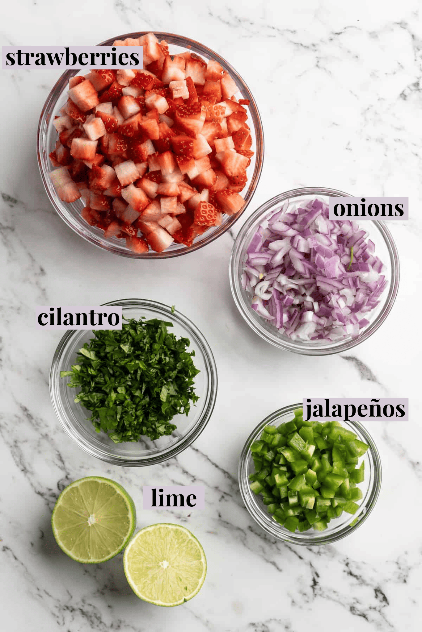 Overhead view of ingredients for strawberry jalapeño salsa