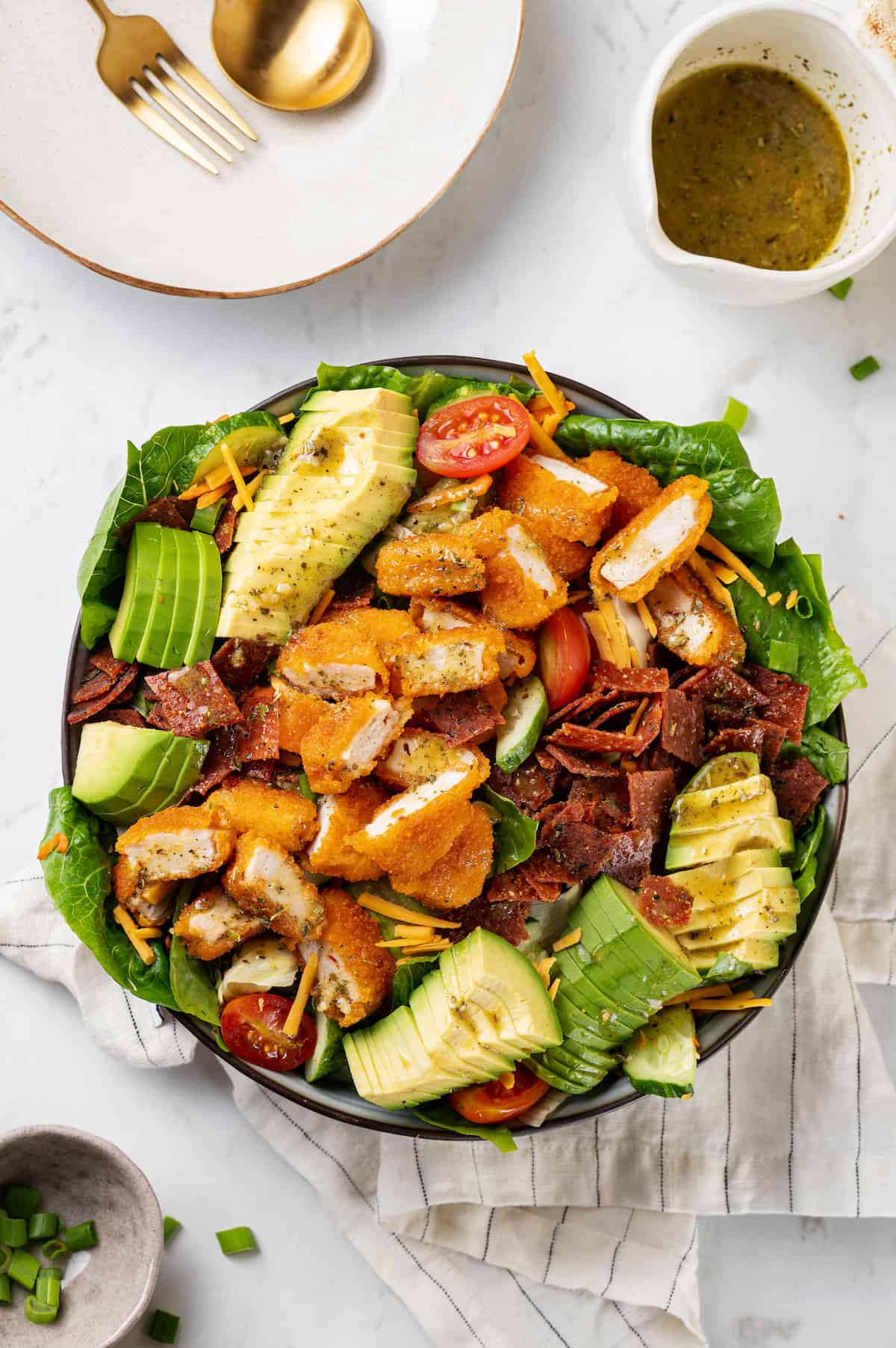 Overhead view of copycat Chik-Fil-A cobb salad in large bowl