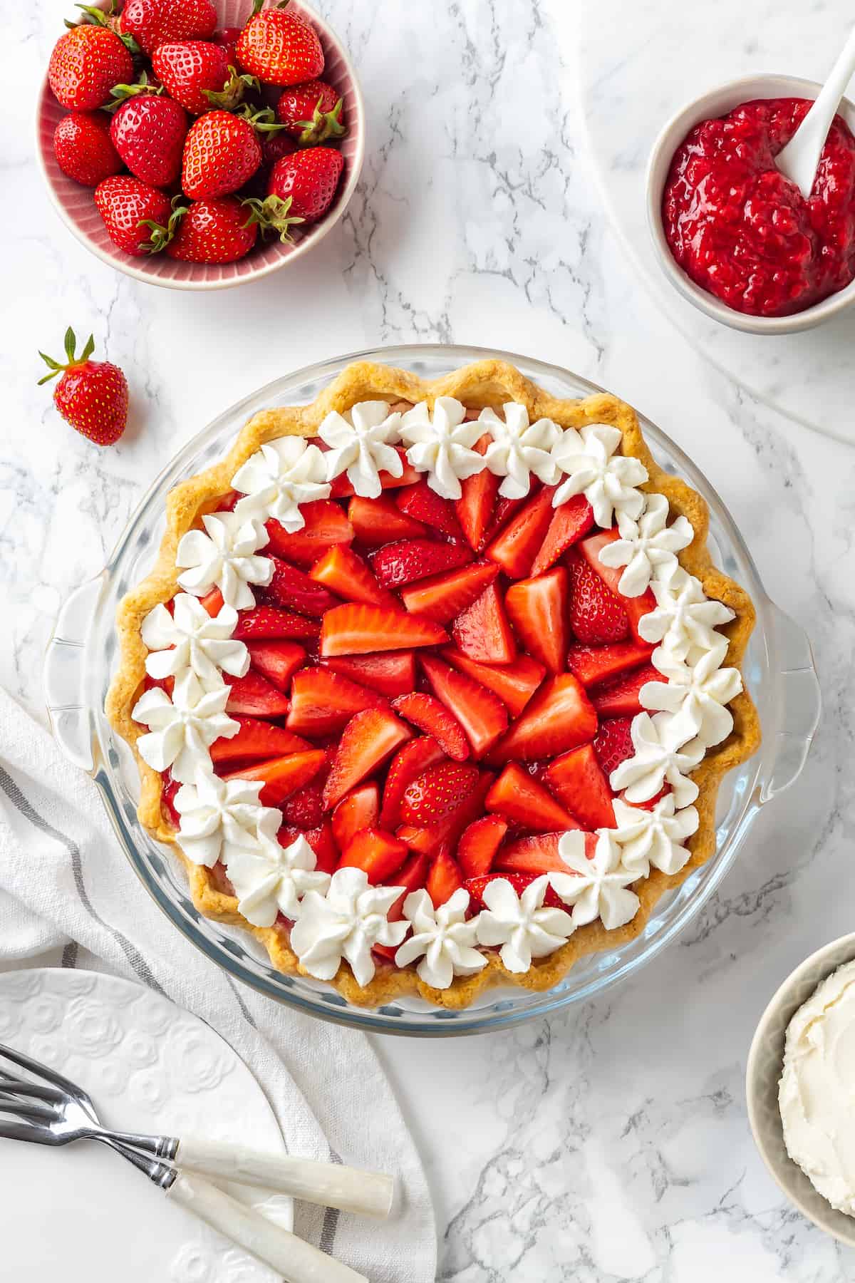 Overhead view of no-bake strawberry cream pie