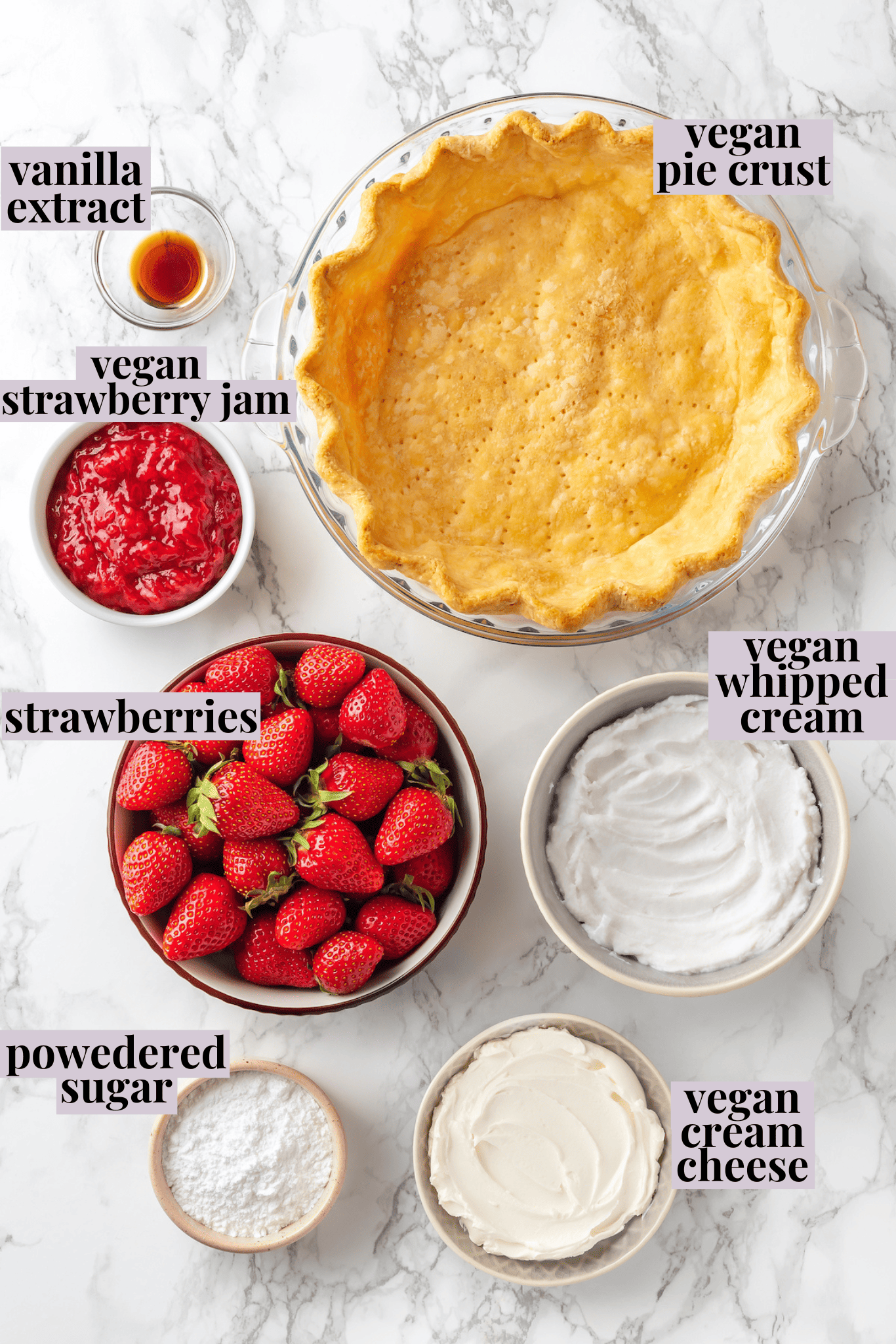 Overhead view of ingredients for strawberry cream pie with labels