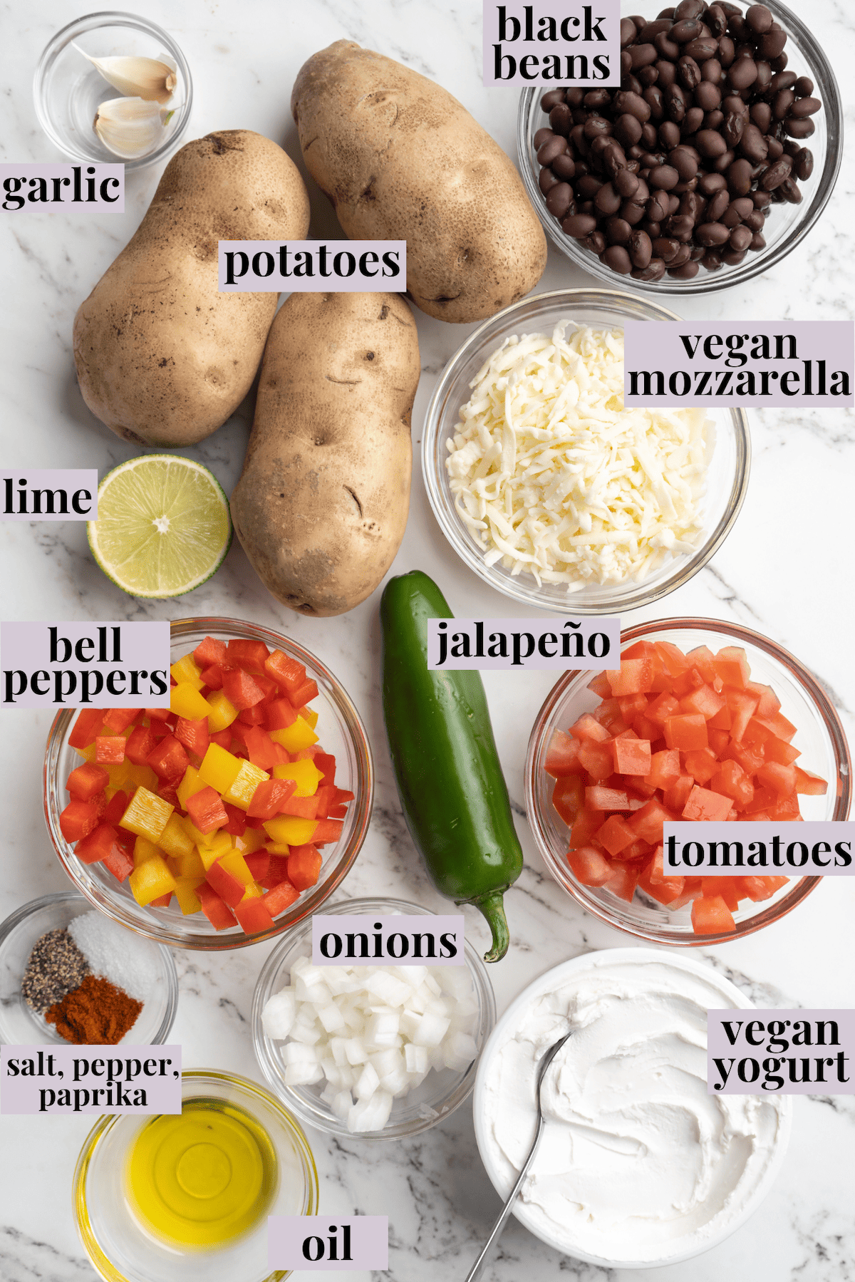 Overhead view of ingredients for loaded potato skins with labels