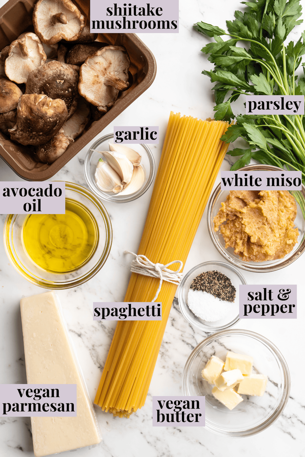 Overhead view of miso butter pasta ingredients with labels