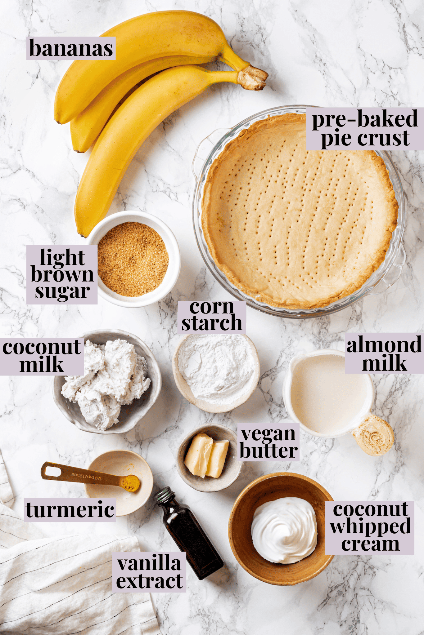 Overhead view of ingredients for banana cream pie with labels