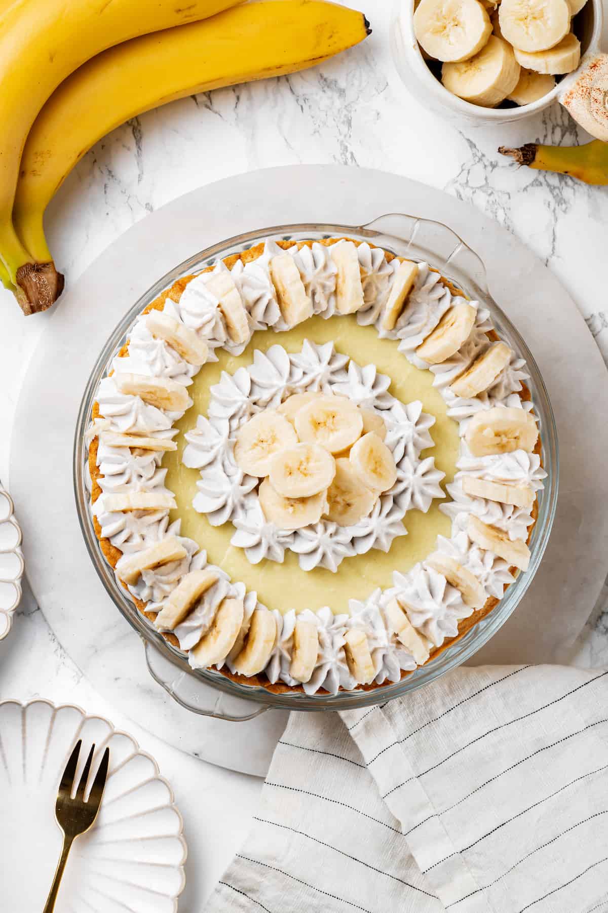 Overhead view of whole vegan banana cream pie
