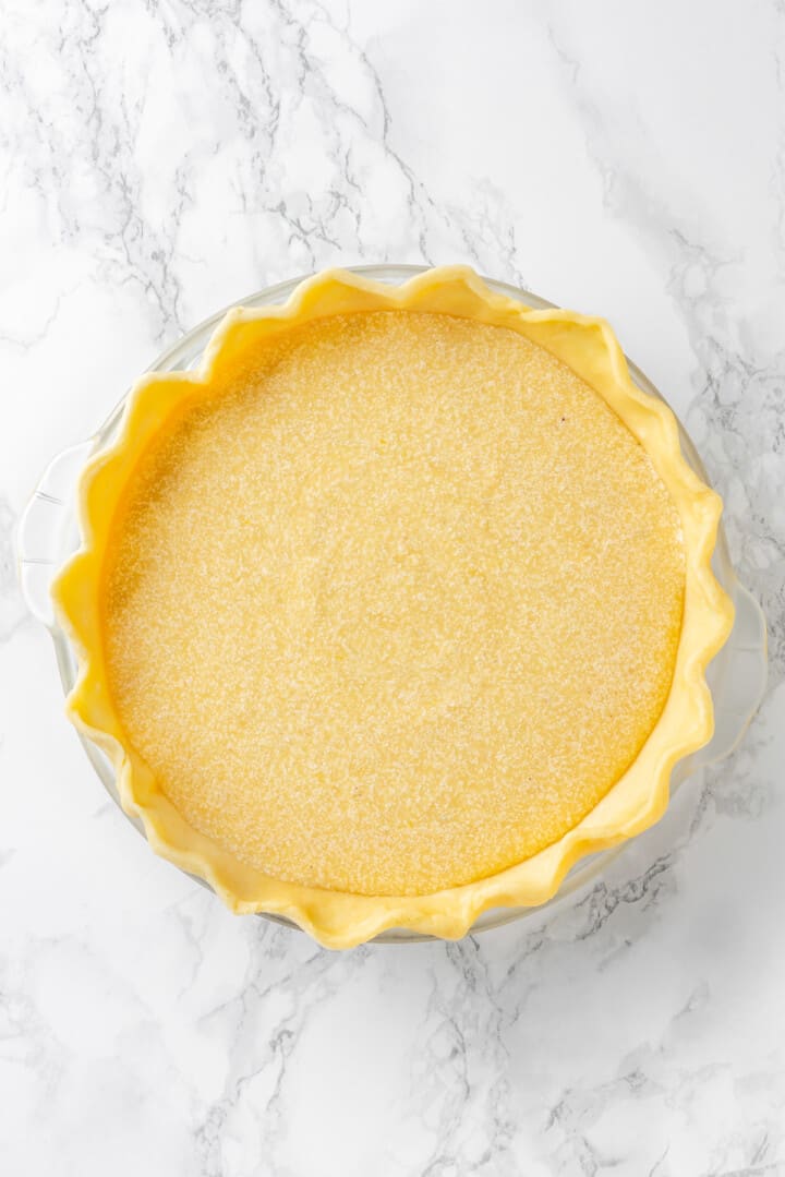 Overhead view of vegan buttermilk pie before baking