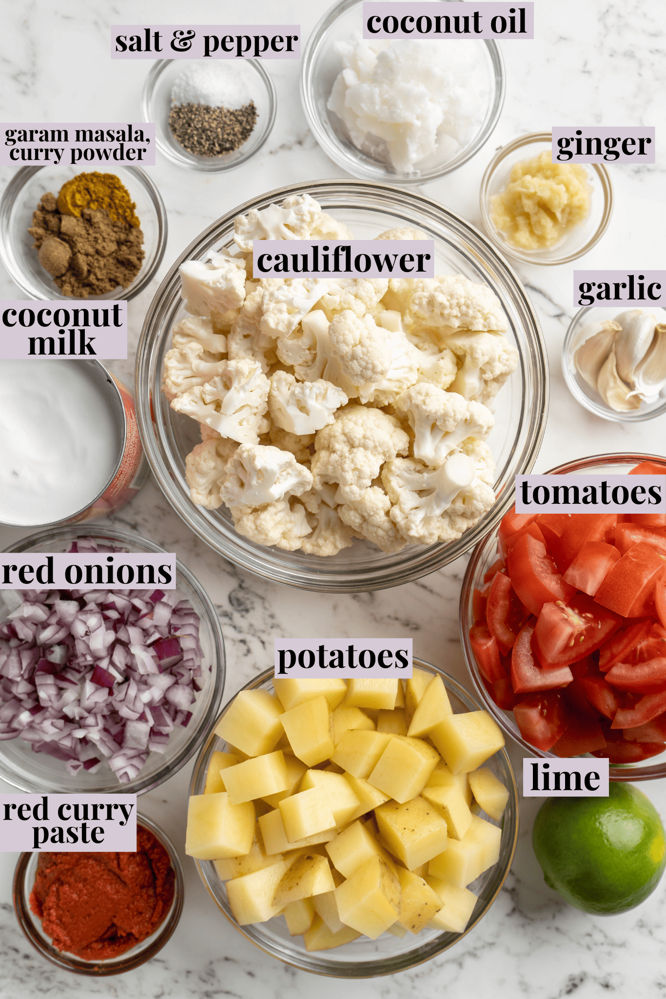 Overhead view of ingredients for aloo gobi