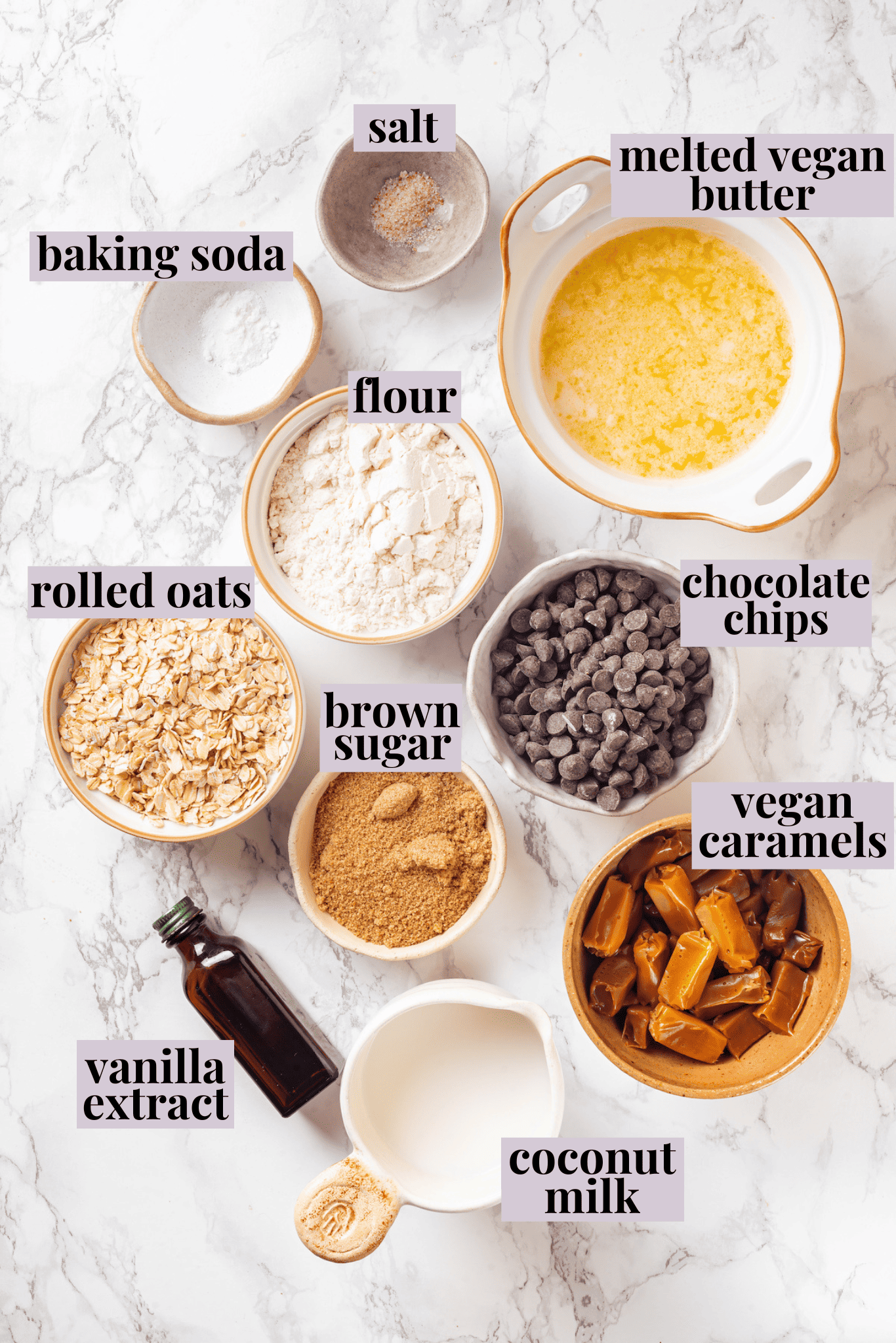 Overhead view of ingredients for carmelitas with labels