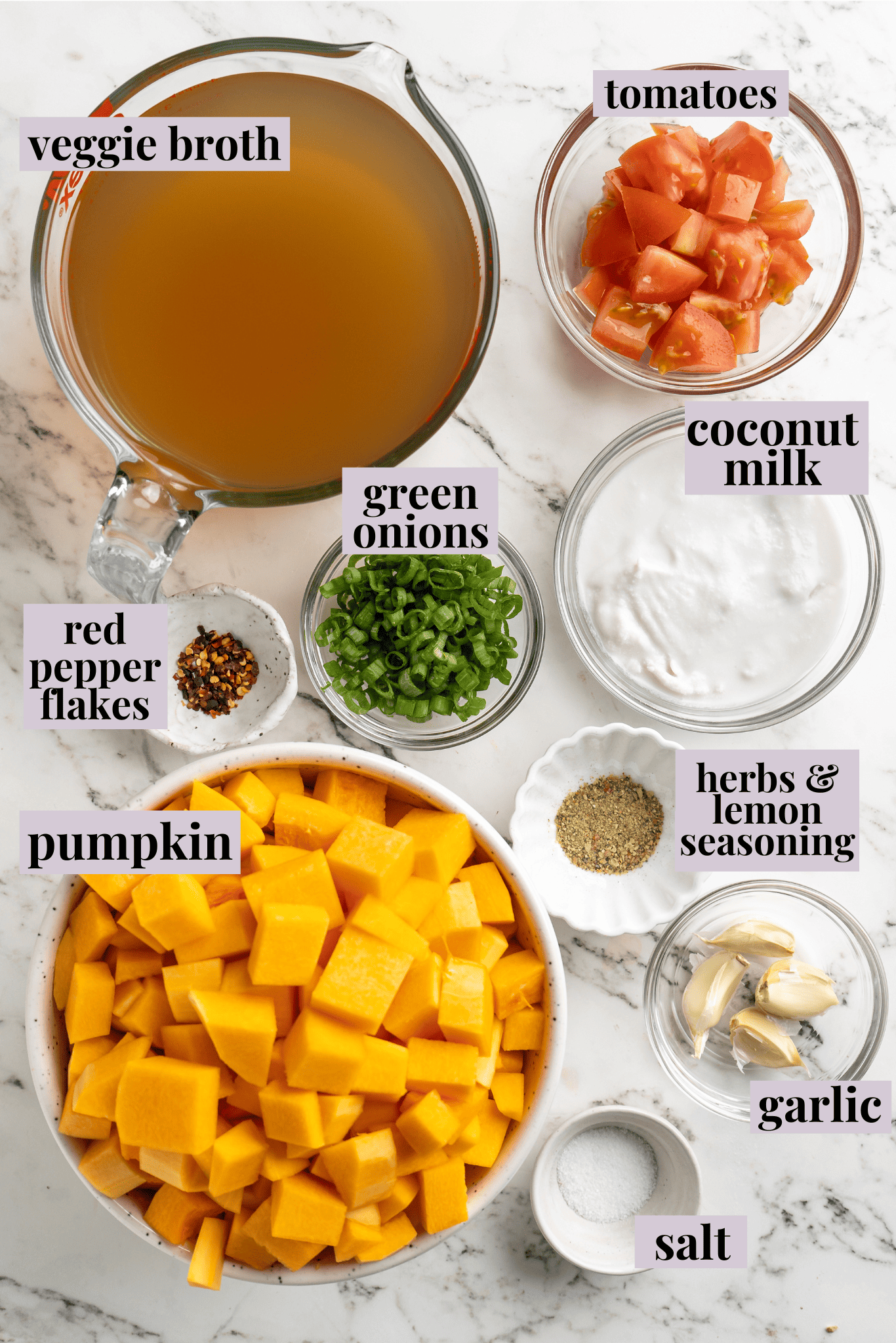 Overhead view of ingredients for creamy pumpkin soup