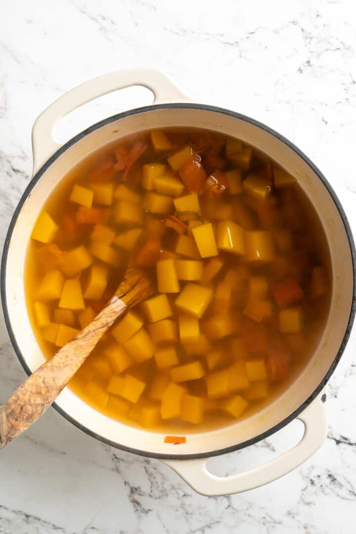 Overhead view of pumpkins and broth in pot