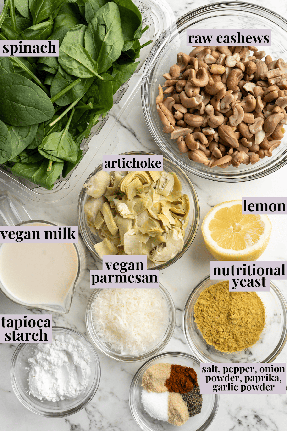 Overhead view of ingredients for vegan spinach artichoke dip with labels