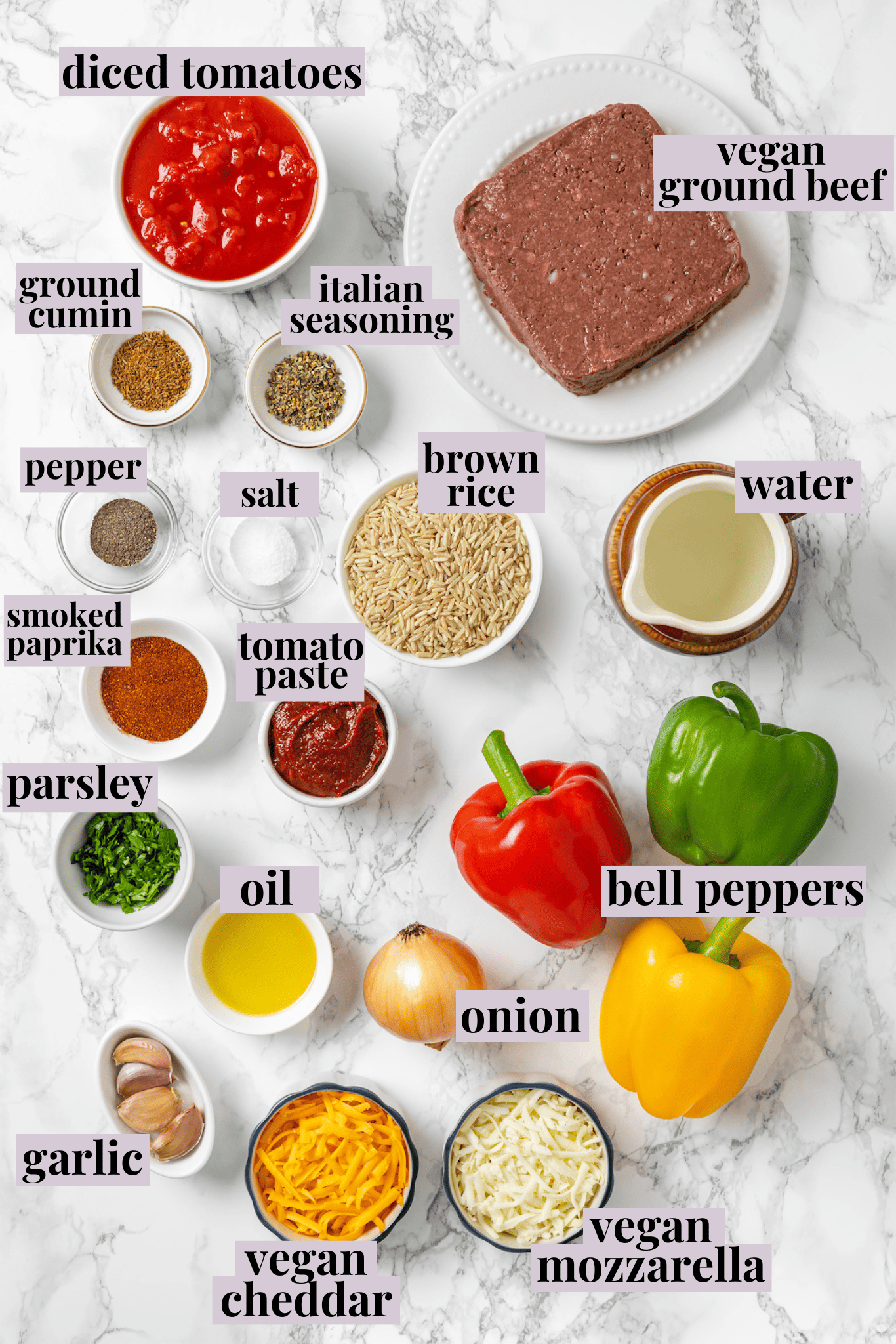Overhead view of ingredients for vegan stuffed peppers with labels