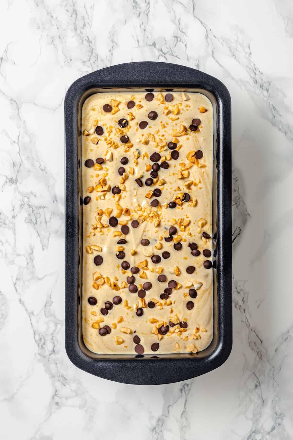 Overhead view of peanut butter ice cream in loaf pan