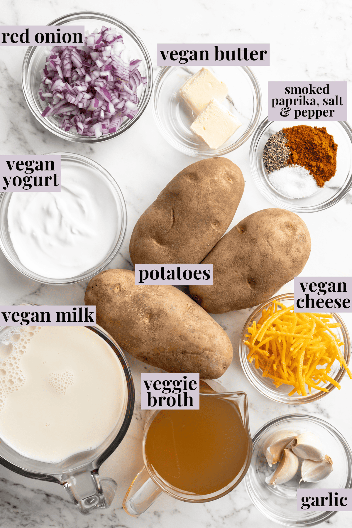 Overhead view of ingredients for vegan loaded potato soup