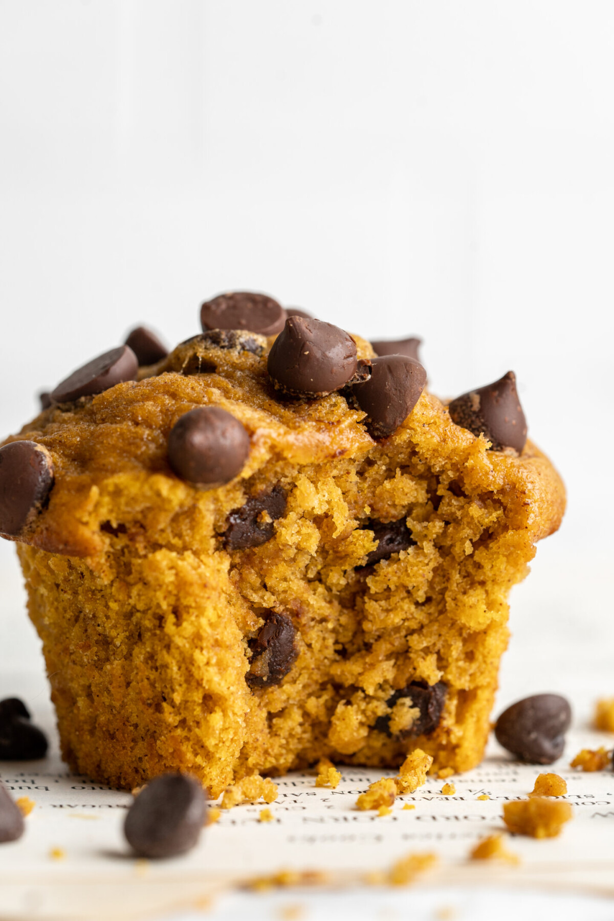 Close up of a pumpkin chocolate chip muffin with a bite taken out of it.