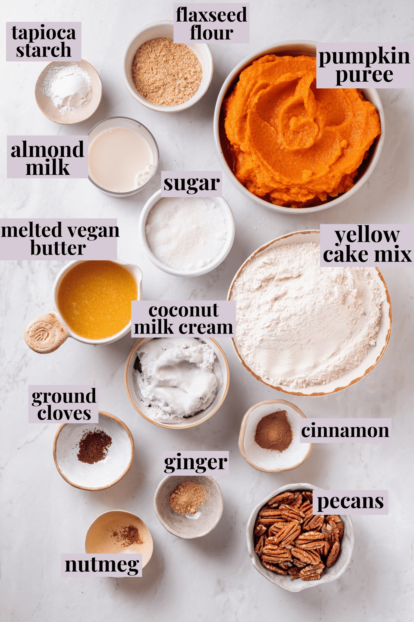 Overhead view of ingredients for pumpkin dump cake with labels