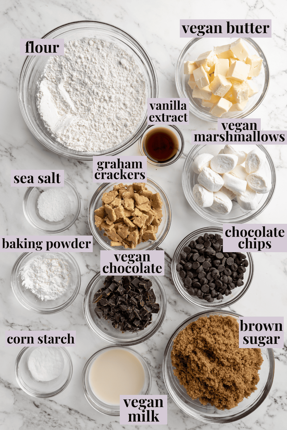 Overhead view of ingredients for s'mores cookies with labels