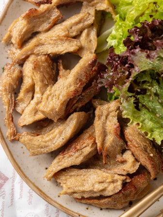 Closeup of vegan chicken on plate