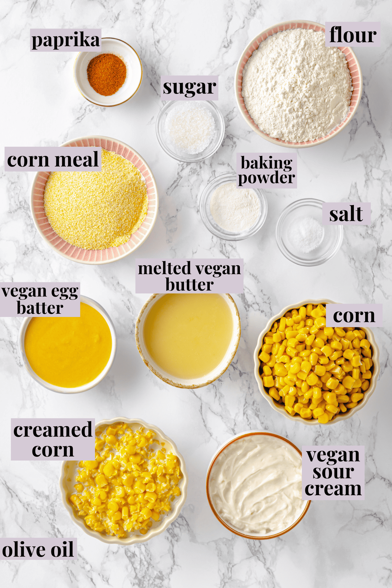Overhead view of ingredients for cornbread pudding with labels