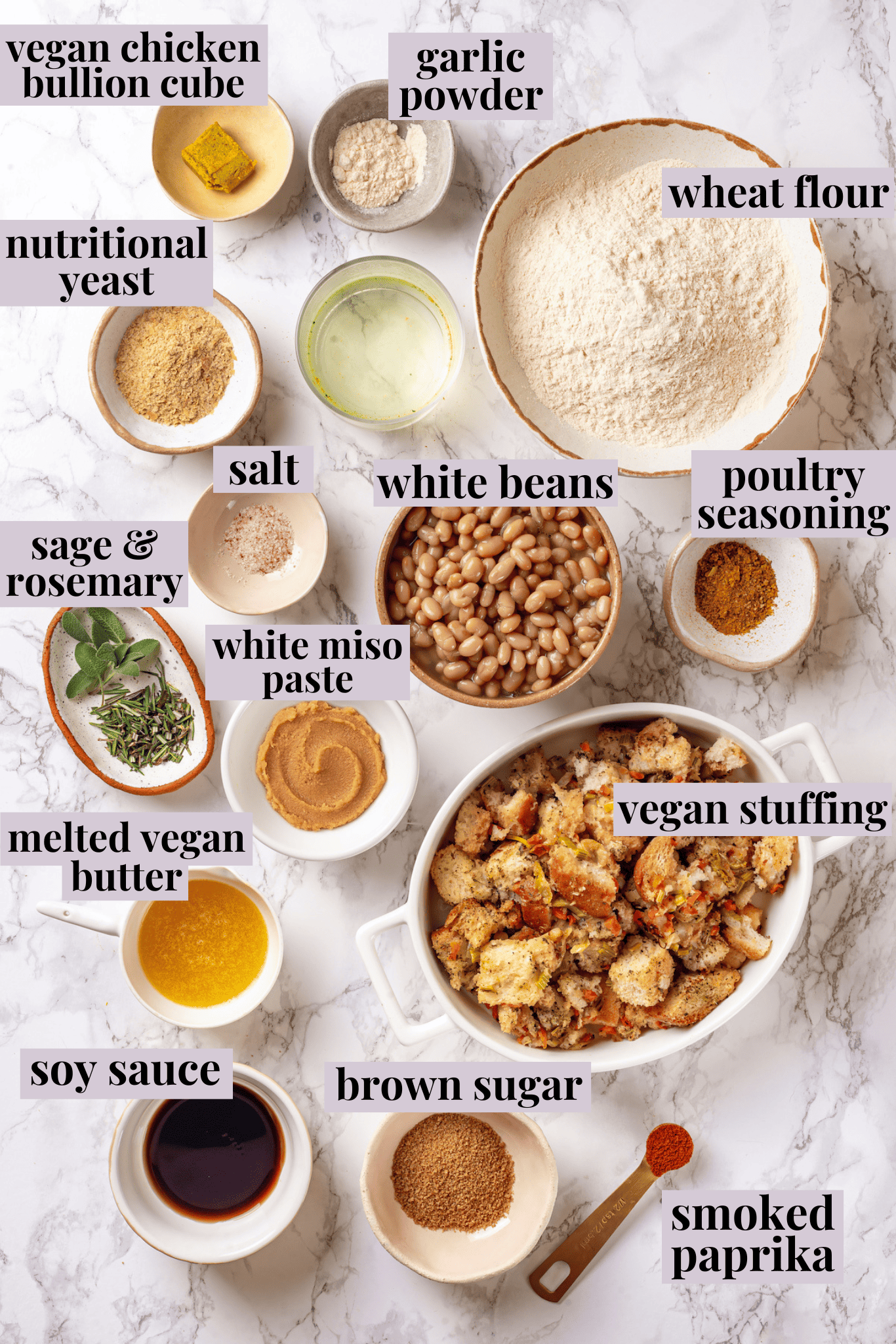 Overhead view of ingredients for vegan turkey with labels