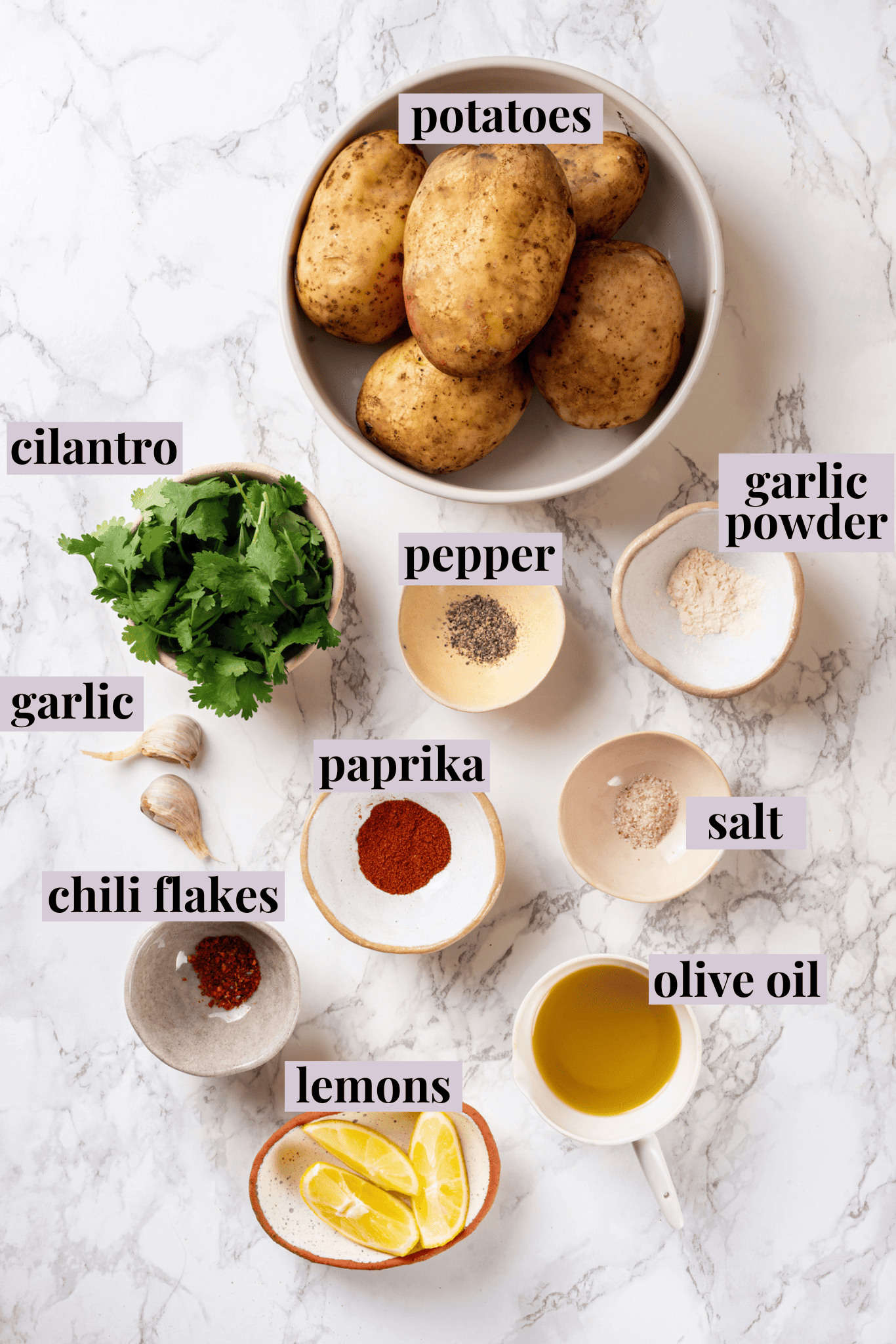 Overhead view of ingredients for batata harra