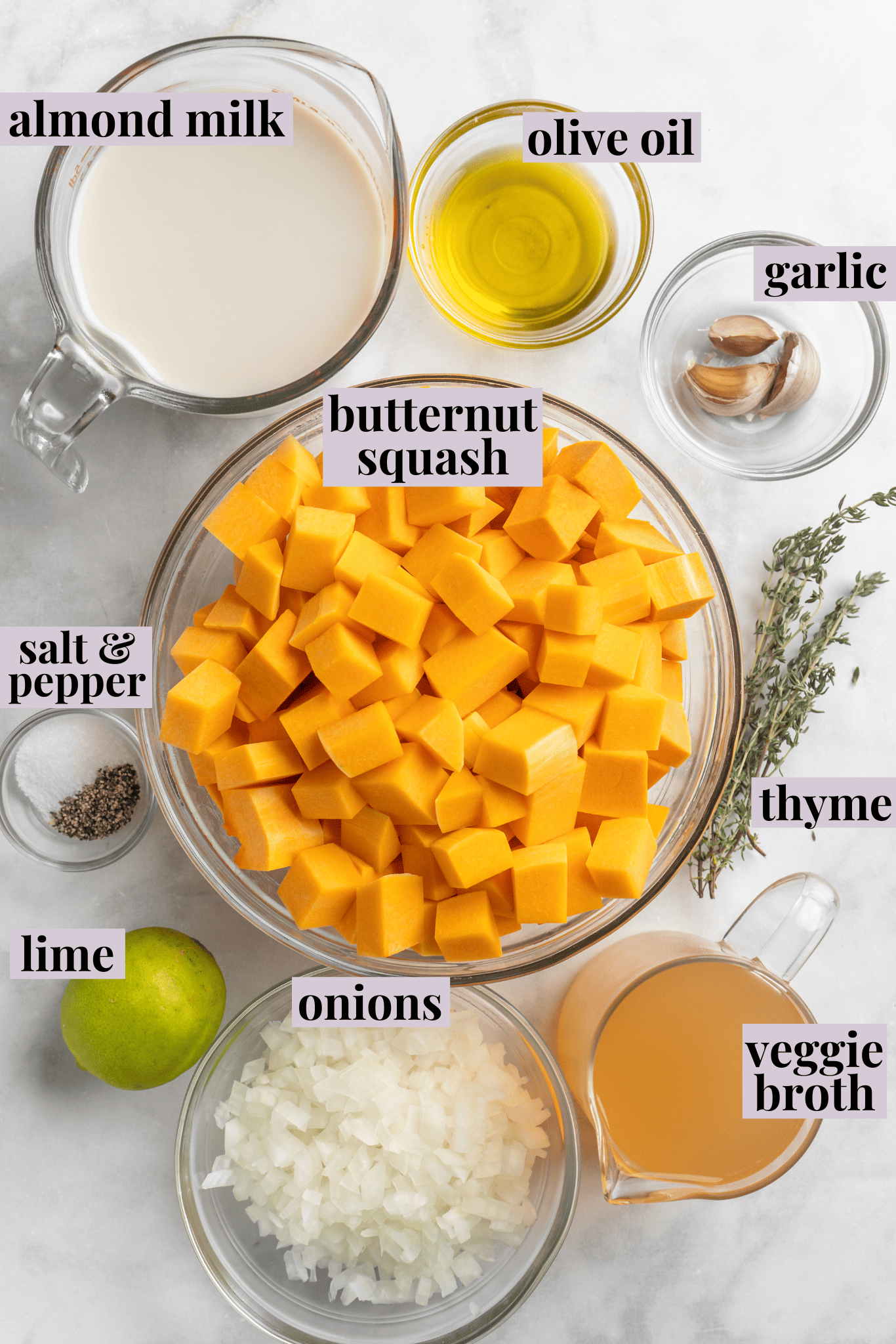Overhead view of ingredients for butternut squash soup with labels