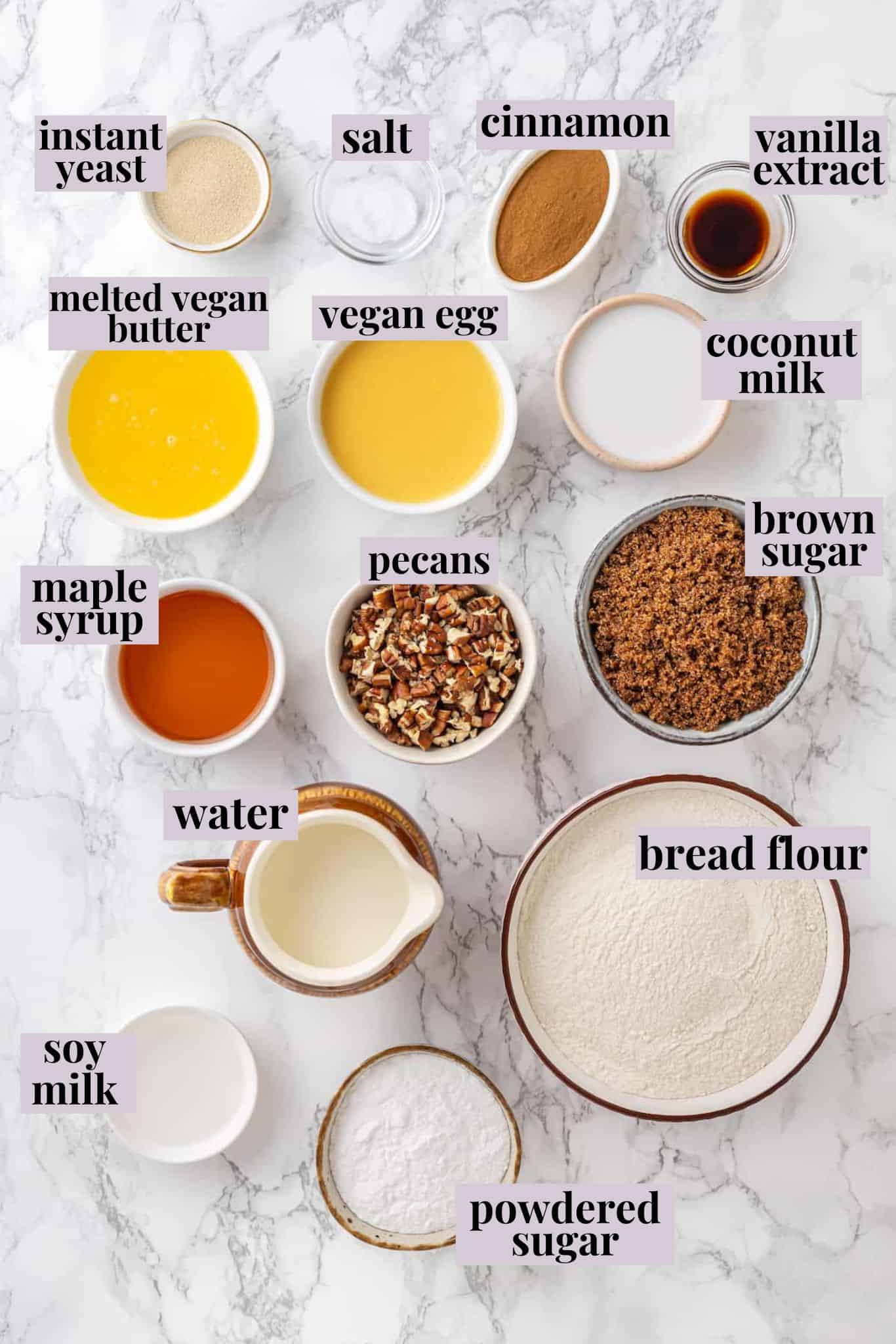 Overhead view of ingredients for cinnamon roll French toast