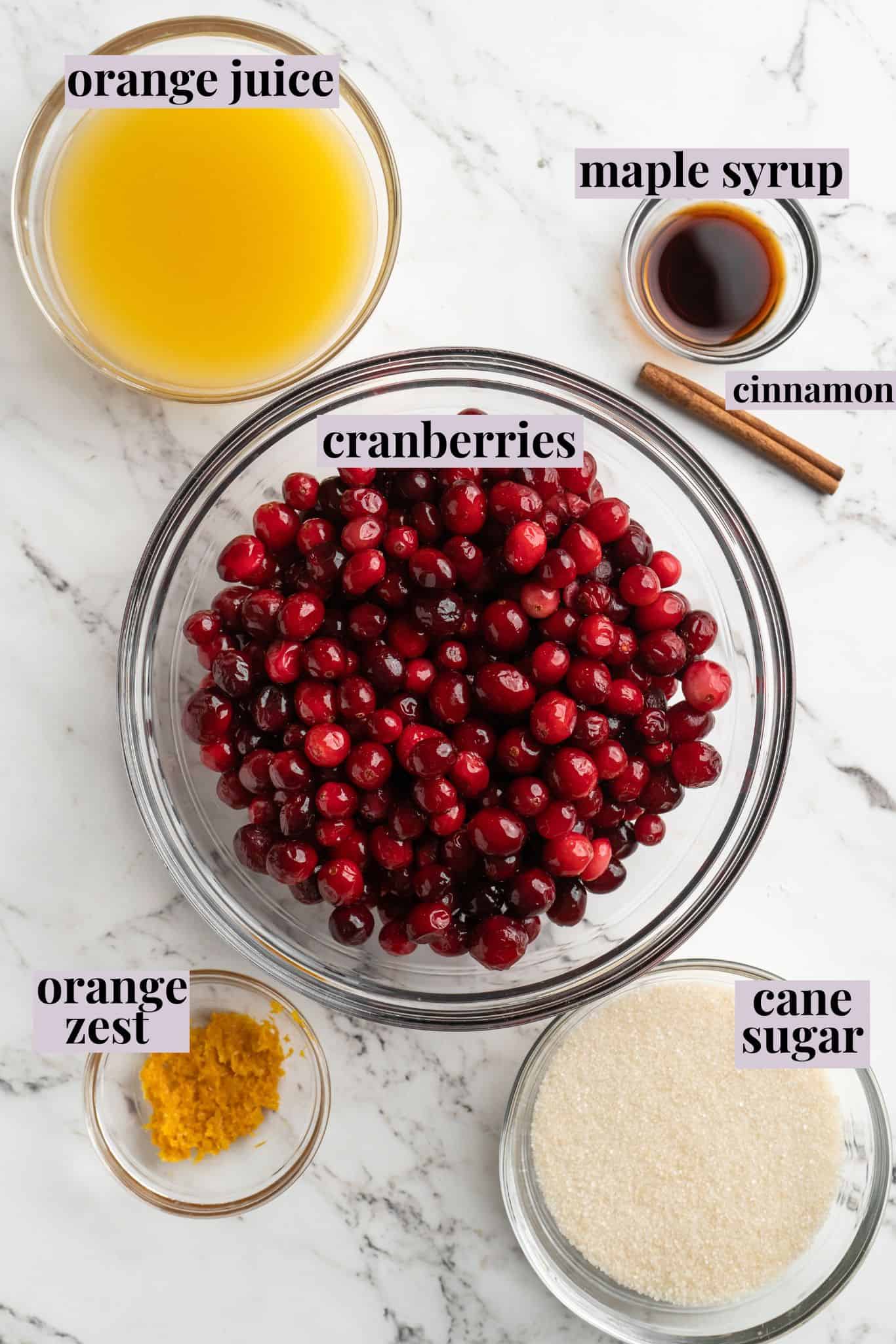 Overhead view of ingredients for cranberry orange sauce