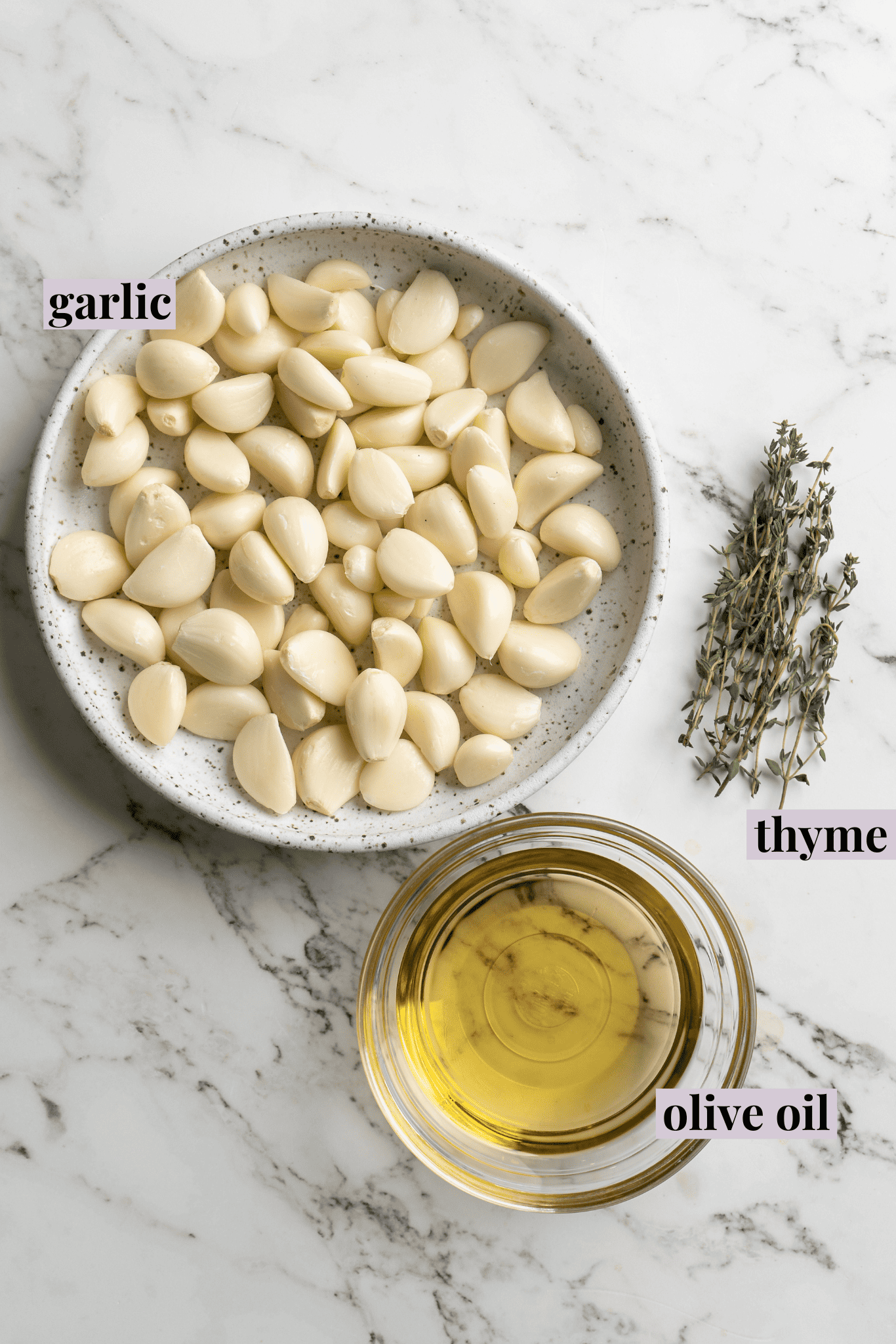 Overhead view of ingredients for garlic confit with labels