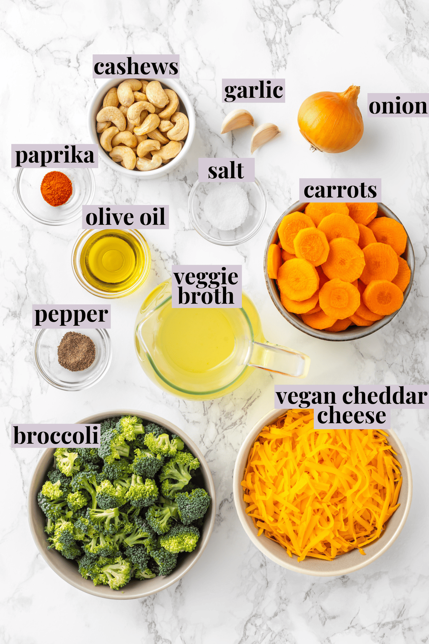 Overhead view of ingredients for vegan broccoli cheddar soup
