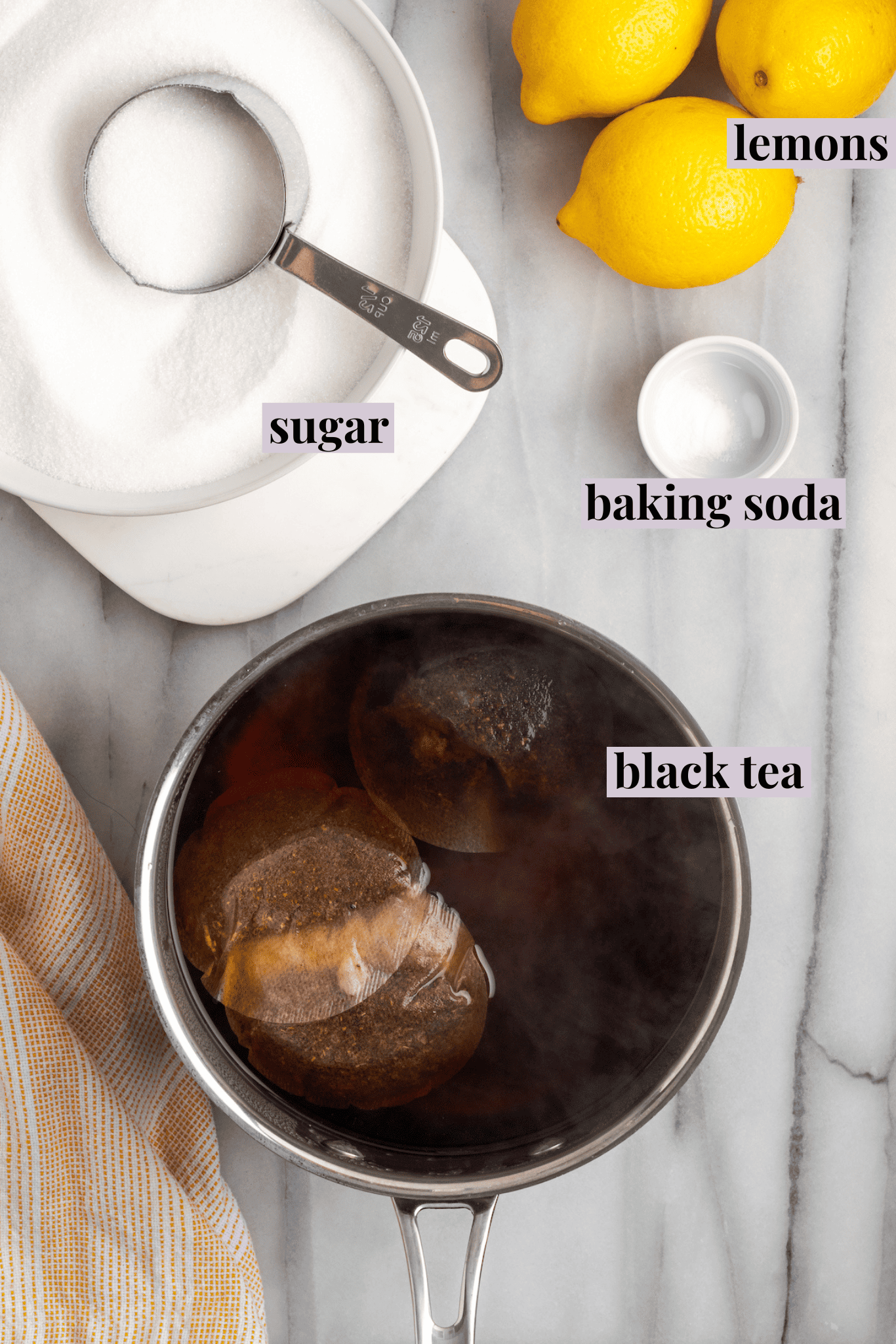 Overhead view of ingredients for Southern sweet tea