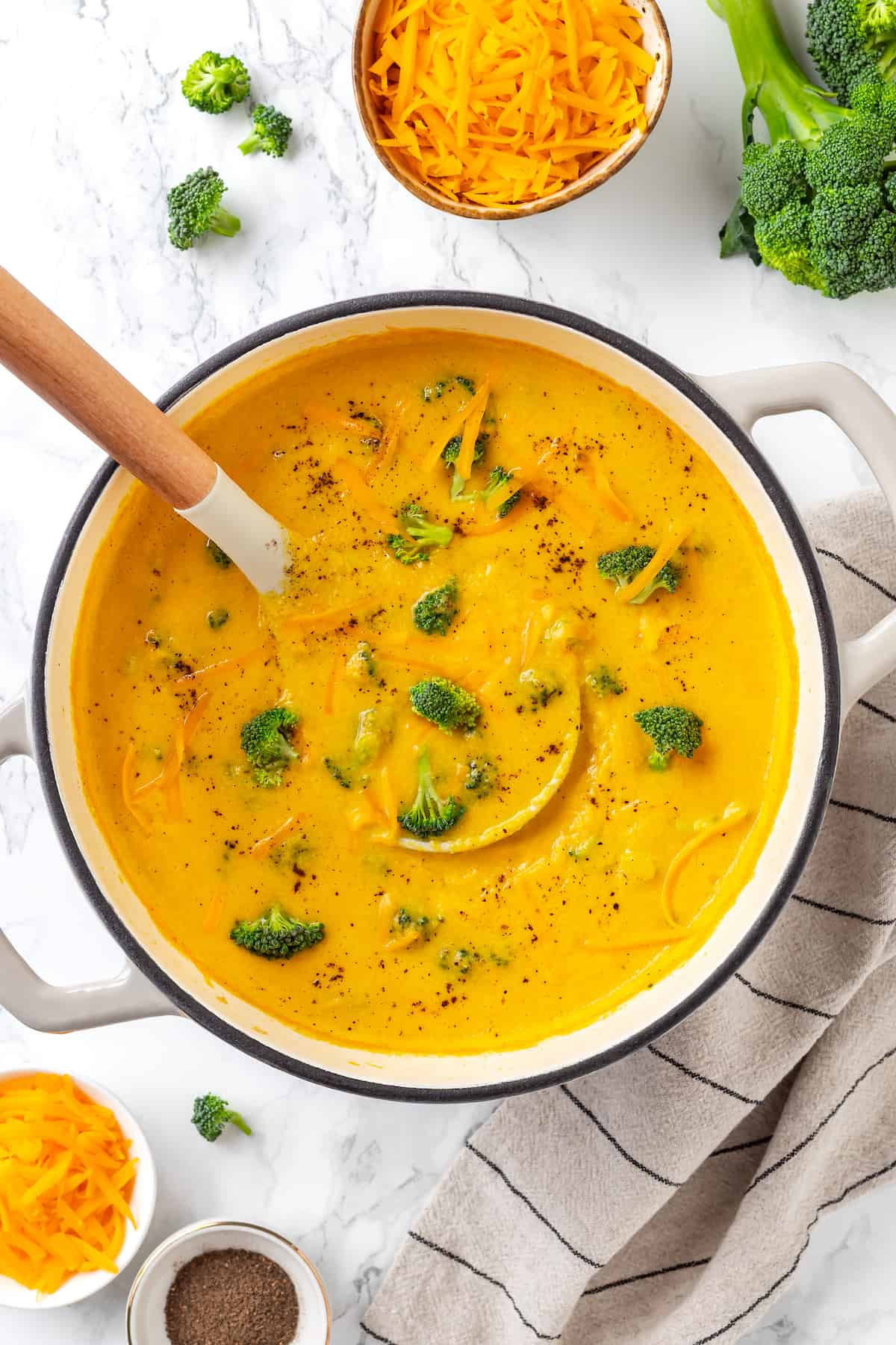 Overhead view of pot of vegan broccoli cheddar soup in pot