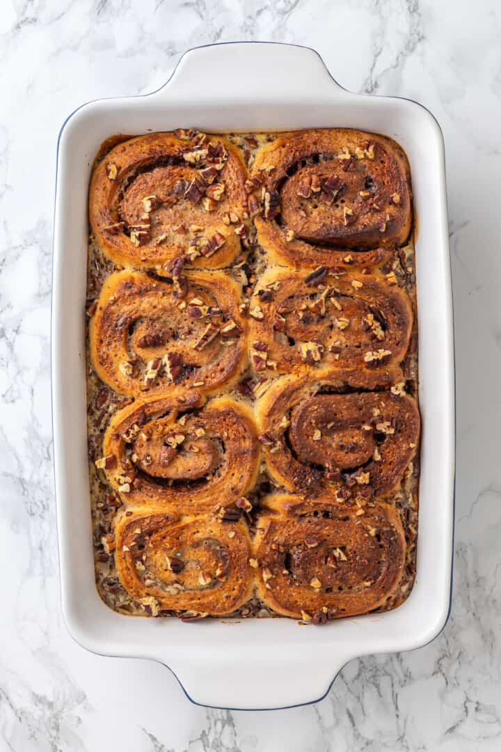 Overhead view of baked cinnamon roll French toast