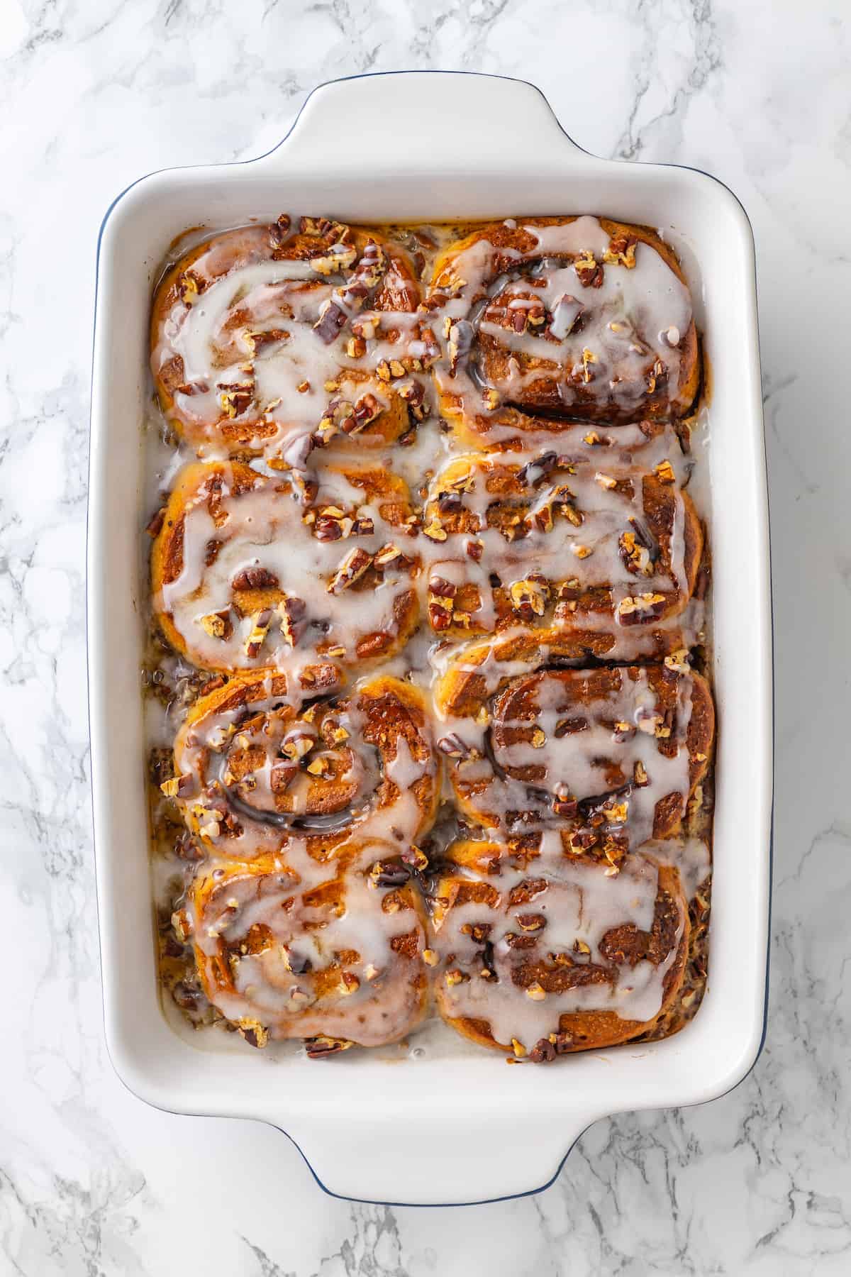 Overhead view of cinnamon roll French toast in baking dish